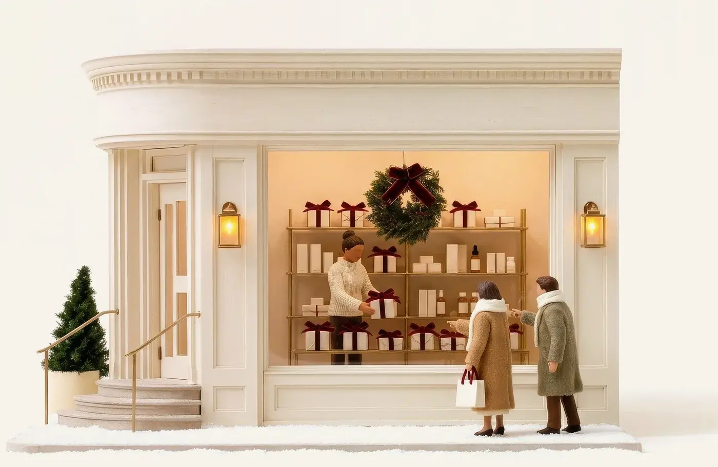 Two miniature shoppers point at a med spa window display of wrapped gifts and skincare while the shopkeeper arranges it