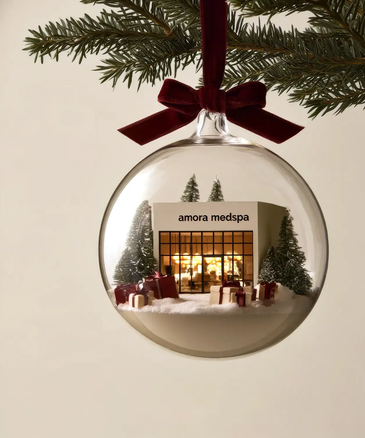 A glass ornament holding a miniature med spa