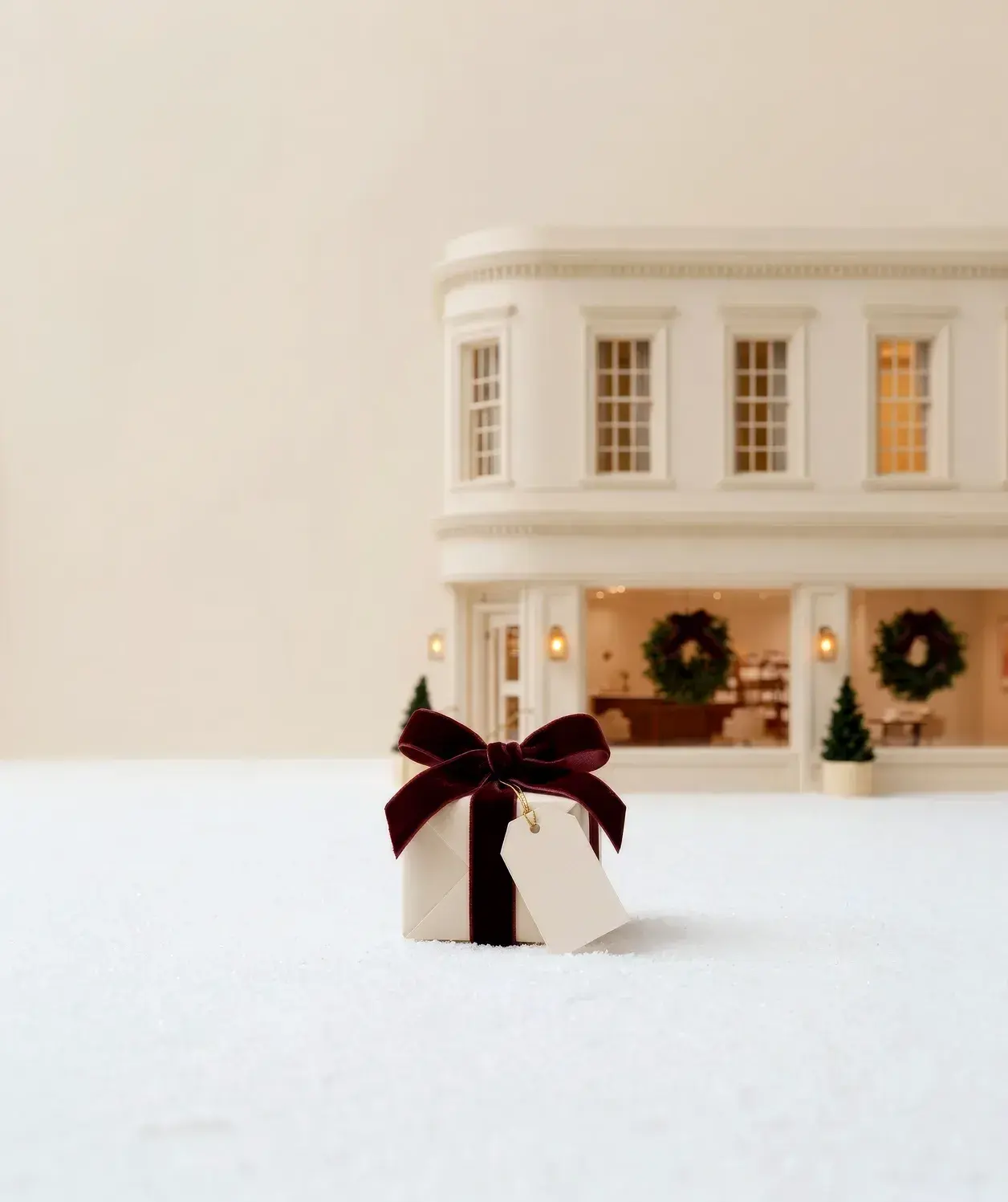 A wrapped gift with a blank tag in the snow in front of a med spa