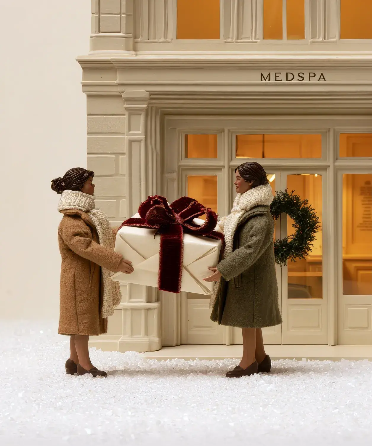 Two miniature figures exchange a wrapped gift outside a med spa